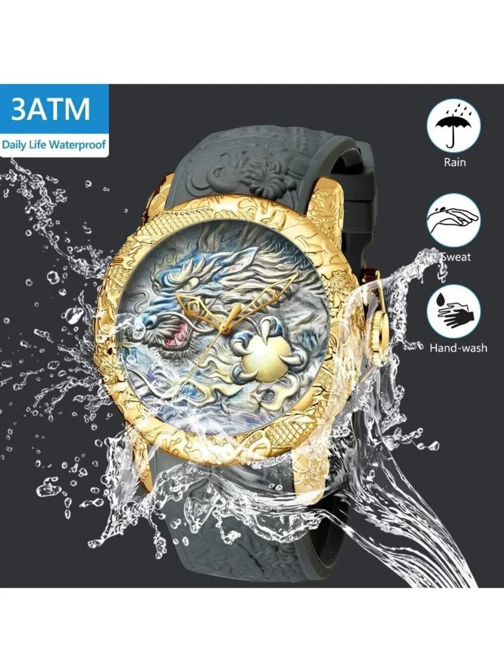 Men's Grey Fashion Analog Quartz Big Dial 3D Sculpture Dragon Luxury Wrist Watch